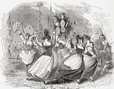 Tanz der Milchmädchen, mit einem Stapel Teller, Maifeiertag, England, aus "Old England: A Pictorial Museum", veröffentlicht 1847 von English School