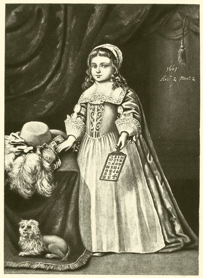 Miss Campion, mit einem Hornbuch (Stich) von English School