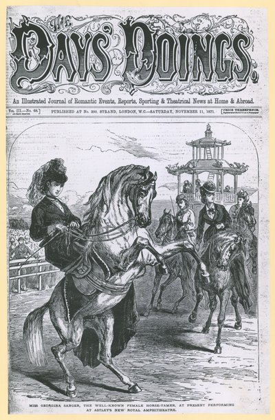 Miss Georgina Sanger, die bekannte Pferdebändigerin, derzeit im Astleys New Royal Amphitheatre von English School