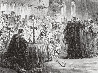 Mollio wirft seine Fackel vor der Inquisition nieder, Illustration aus Die Geschichte des Protestantismus von James Aitken Wylie, veröffentlicht 1878 von English School