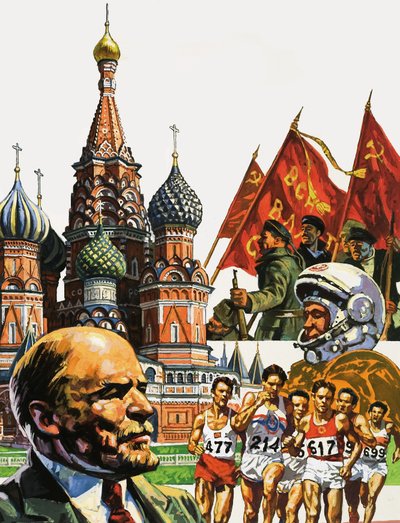 Montage von Russland einschließlich der Kathedrale von St. Basil der Selige und Porträt von Lenin von English School