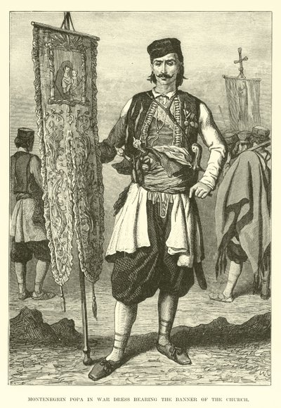 Montenegrinischer Popa in Kriegskleidung mit dem Banner der Kirche von English School