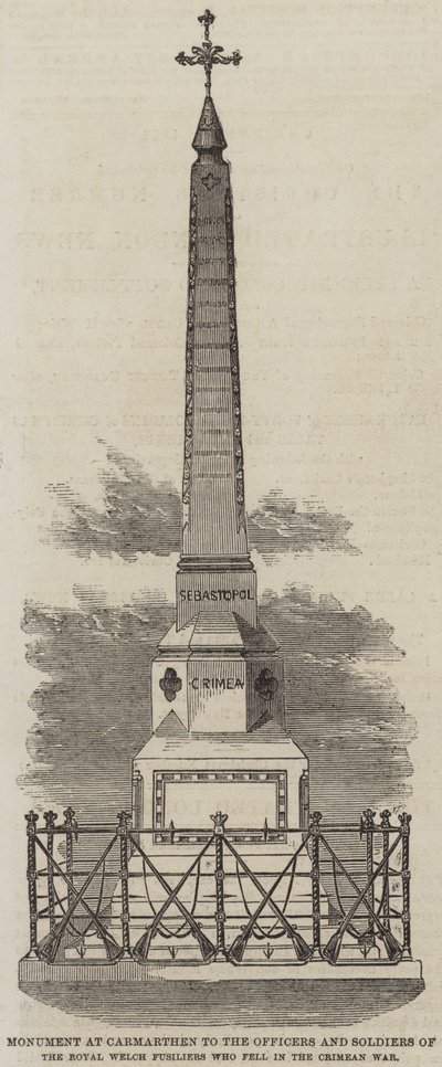 Denkmal in Carmarthen für die Offiziere und Soldaten der Royal Welch Fusiliers, die im Krimkrieg gefallen sind (Gravur) von English School