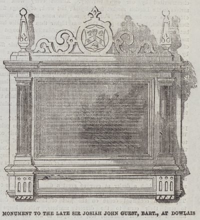 Denkmal für den verstorbenen Sir Josiah John Guest, Baronet, in Dowlais (Gravur) von English School