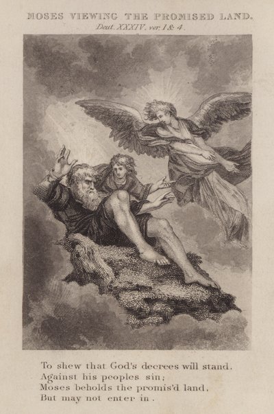Moses betrachtet das verheißene Land, Deuteronomium XXXIV, Vers 1 und 4 von English School