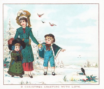 Mutter und Kinder gehen im Schnee, Weihnachtskarte von English School