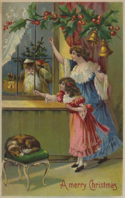 Mutter und Tochter winken dem Weihnachtsmann (Chromolithografie) von English School