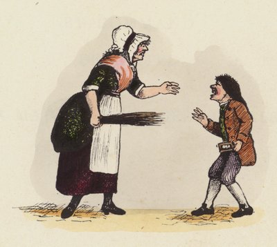 Mutter oder Schulmeisterin diszipliniert einen Jungen mit einem Hornbuch (farbige Gravur) von English School
