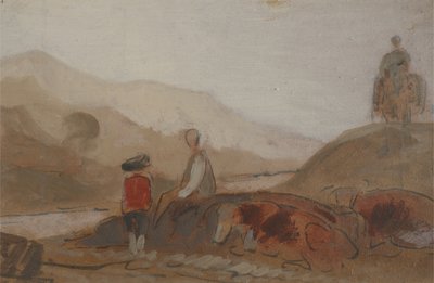 Gebirgige Landschaft mit Figur am See (Ein Mann sitzt am See inmitten von Bergen), zuvor J.M.W. Turner (1775-1851) und auch Peter de Wint (1784-1849) zugeschrieben, 1825-30 von English School