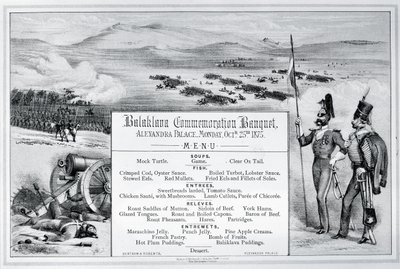 Montiertes illustriertes Menü für das Balaklava-Gedenkbankett im Alexandra Palace, 25. Oktober 1875 (Gravur) von English School