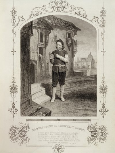 Mr. Buckstone als Lancelot Gobbo, Akt II Szene 2, in Der Kaufmann von Venedig von William Shakespeare (1564-1616) von English School