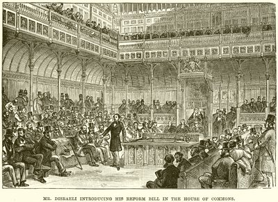 Mr. Disraeli stellt seinen Reformgesetzentwurf im Unterhaus vor von English School