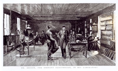 Mr. Edison (1847-1931), der bedeutende Elektriker, in seinem Labor von English School