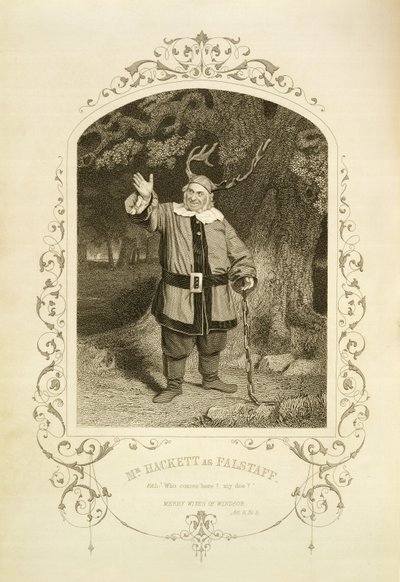 Mr. Hackett als Falstaff, Akt V Szene 5, in Die lustigen Weiber von Windsor von William Shakespeare (1564-1616) graviert von George Hollis (1792-1842) nach einem Daguerreotyp von J.P. Mayall (1810-1901) (Gravur) von English School