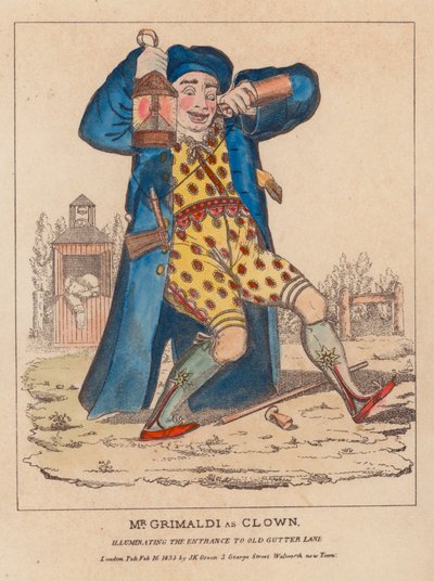 Mr. Joseph Grimaldi als Clown, beleuchtet den Eingang zur Old Gutter Lane von English School