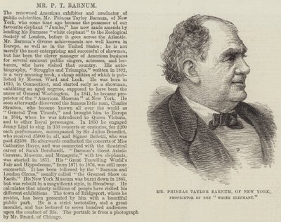 Herr Phineas Taylor Barnum aus New York, Eigentümer des „Weißen Elefanten“ (Gravur) von English School