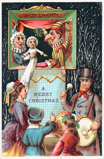 Mr. Punch hält Mistelzweig, Weihnachtskarte von English School