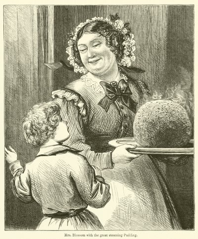 Mrs. Blossom mit dem großen dampfenden Pudding von English School