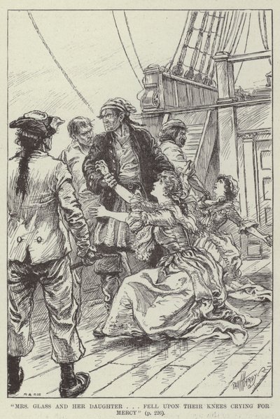 "Mrs. Glass und ihre Tochter ... fielen auf die Knie und baten um Gnade" (Gravur) von English School