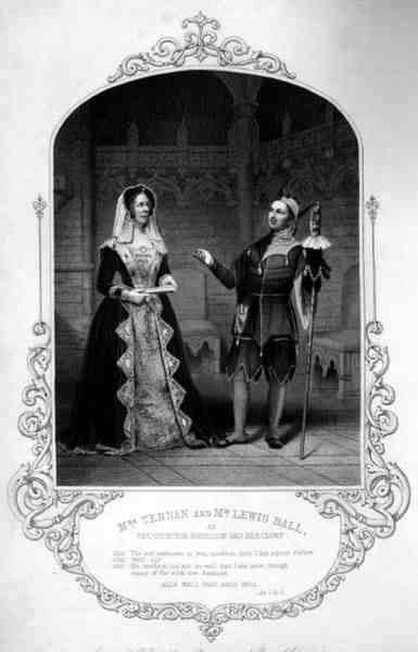 Mrs. Ternan als Gräfin Roussillon und Mr. Lewis Ball als ihr Narr, Akt I Szene 3, in Ende gut, alles gut, von William Shakespeare, graviert von D. Pound nach einem Daguerreotyp von Paine of Islington von English School