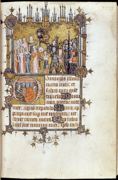 Ms 38-1950, f.29r: David an der Spitze einer Prozession, die Goliaths Kopf auf einer Lanze trägt, aus dem Bohun-Psalter, ca. 1370 von English School