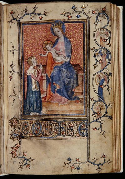 Ms 48, f.86r: Der Besitzer des Manuskripts betet zur Jungfrau und dem Kind, aus den Carew-Poyntz Stunden, Gebrauch von Sarum, ca. 1390-1400 von English School