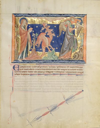 Ms L.A. 139-Lisboa fol.31 St. Johannes beobachtet, wie ein Engel der Frau hilft, dem roten Drachen zu entkommen, aus der Gulbenkian-Apokalypse, ca. 1265-70 von English School