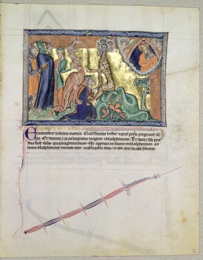 Ms L.A. 139-Lisboa fol.36 Der Herr beobachtet, wie die Menschen das Tier des Meeres in Anwesenheit des roten Drachen anbeten, aus der Gulbenkian-Apokalypse, ca. 1265-70 von English School