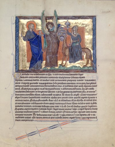 Ms L.A. 139-Lisboa fol.59 Ein Engel führt St. Johannes den Evangelisten zur Hure von Babylon, aus der Gulbenkian-Apokalypse, ca. 1265-70 von English School