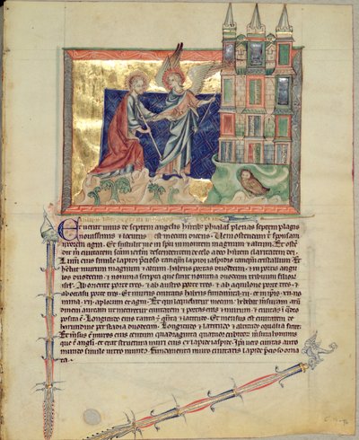 Ms L.A. 139-Lisboa fol.74 Ein Engel zeigt St. Johannes den Evangelisten das neue Jerusalem, aus der Gulbenkian-Apokalypse, ca. 1265-70 von English School