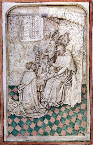 Ms R 14.5 f.8v Thomas Bekynton, Bischof von Bath und Wells, empfängt Chaundler, aus dem Abingdon-Missale, 1457-61 von English School
