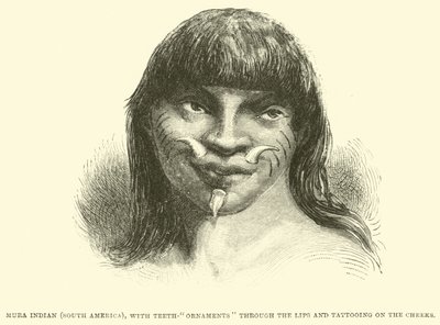 Mura-Indianer (Südamerika) mit Zahnornamenten durch die Lippen und Tätowierungen auf den Wangen von English School