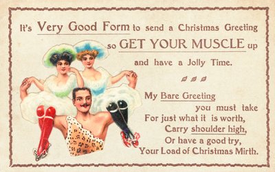 Muskelmann trägt Frauen auf der Schulter, Weihnachtskarte von English School