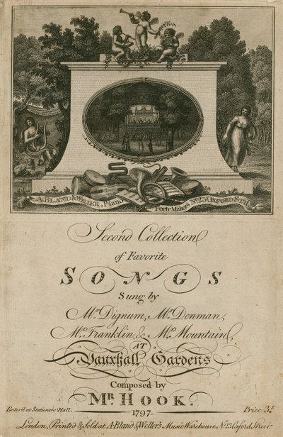 Musikalische Partitur mit Lieblingsliedern, gesungen in den Vauxhall Gardens, London, komponiert von Mr. Hook von English School