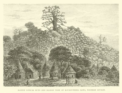 Einheimische konische Hütten und Baobab-Baum in Kourounding Koto, Westsudan von English School
