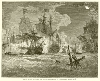 Seeschlacht zwischen den Briten und Franzosen in den Gewässern von Pondicherry, 1758 von English School
