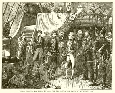 Nelson empfängt die Schwerter an Bord der San Josef in der Schlacht von St. Vincent, 1797 von English School