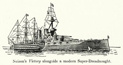 Nelsons Victory neben einem modernen Super-Dreadnought von English School