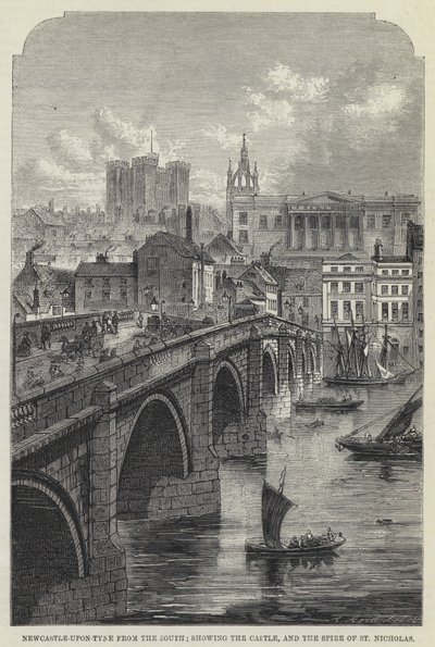 Newcastle-upon-Tyne von Süden, mit Blick auf das Schloss und den Turm von St. Nicholas (Gravur) von English School