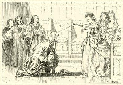 Newton wird von Königin Anne zum Ritter geschlagen von English School