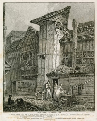 Nordostansicht eines alten Hauses, das kürzlich in Sweedons Passage, Grub Street, stand von English School