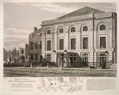 Nordostansicht des Surrey Theaters, ehemals The Royal Circus in der Nähe des Obelisken, Great Surrey Street, 1814 von English School