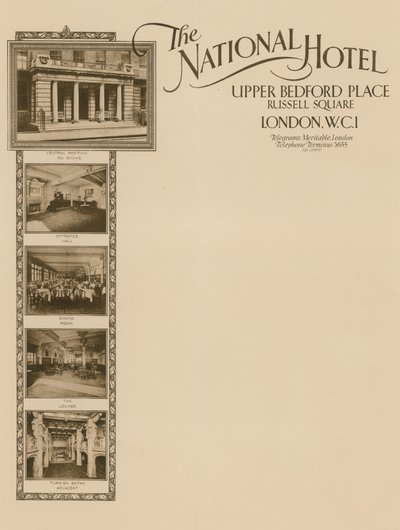 Briefpapier vom National Hotel, Upper Bedford Place, Russell Square von English School