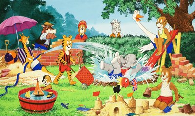 Kindergarten-Tiere spielen im Garten von English School
