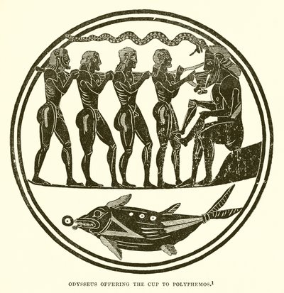 Odysseus bietet Polyphemos den Becher an von English School