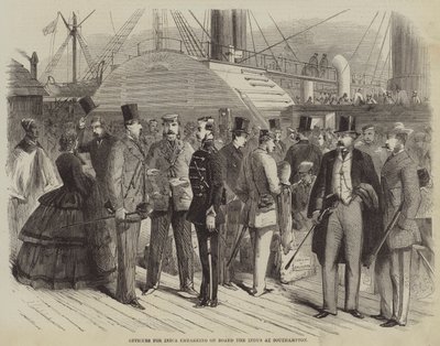 Offiziere für Indien, die an Bord der Indus in Southampton einschiffen (Stich) von English School