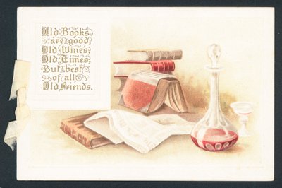 Alte Bücher und Weinkaraffe, Weihnachtskarte von English School