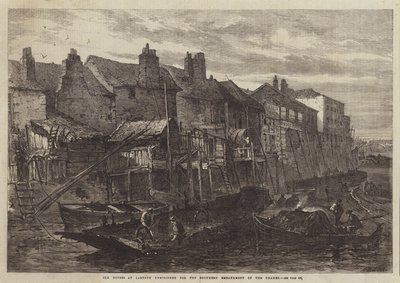 Alte Häuser in Lambeth, abgerissen für das südliche Ufer der Themse (Stich) von English School