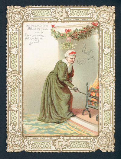 Alte Frau schürt das Feuer, Weihnachtskarte von English School