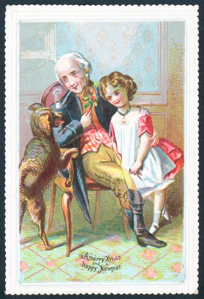 Alter Herr sitzt im Stuhl mit Mädchen und Hund, Weihnachtskarte von English School
